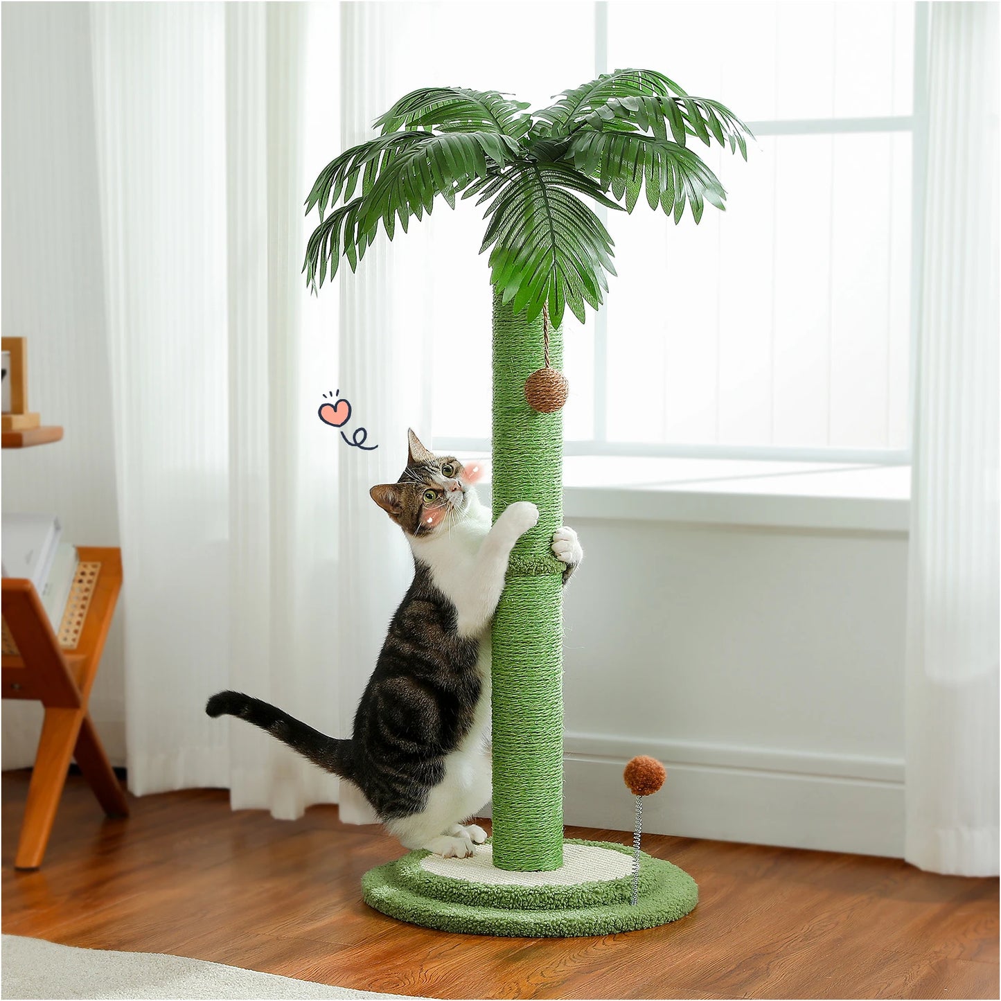 H85cm Tall Cat Scratching Post with Hanging Ball and Simulated Green Leaves