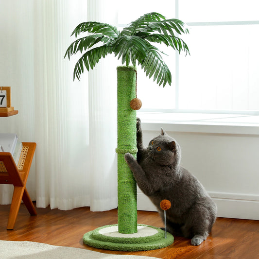 H85cm Tall Cat Scratching Post with Hanging Ball and Simulated Green Leaves