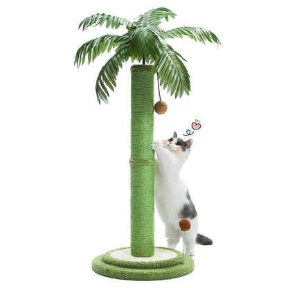 H85cm Tall Cat Scratching Post with Hanging Ball and Simulated Green Leaves