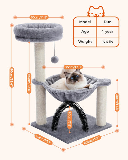 H90CM Small Cat Tree Tower with Hammock, Scratching Posts, and Plush Basket