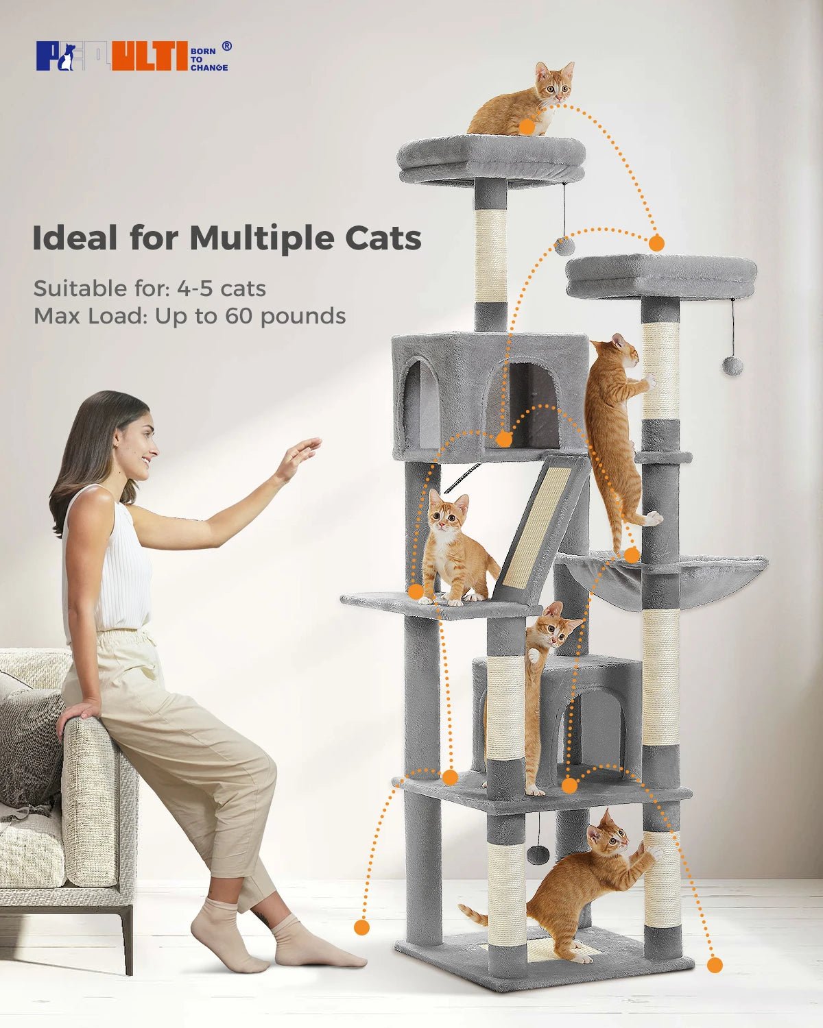 H180CM Large Cat Tree – Multi-Level Cat Tower for Active Cats