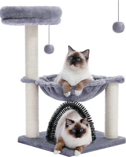 H90CM Small Cat Tree Tower with Hammock, Scratching Posts, and Plush Basket