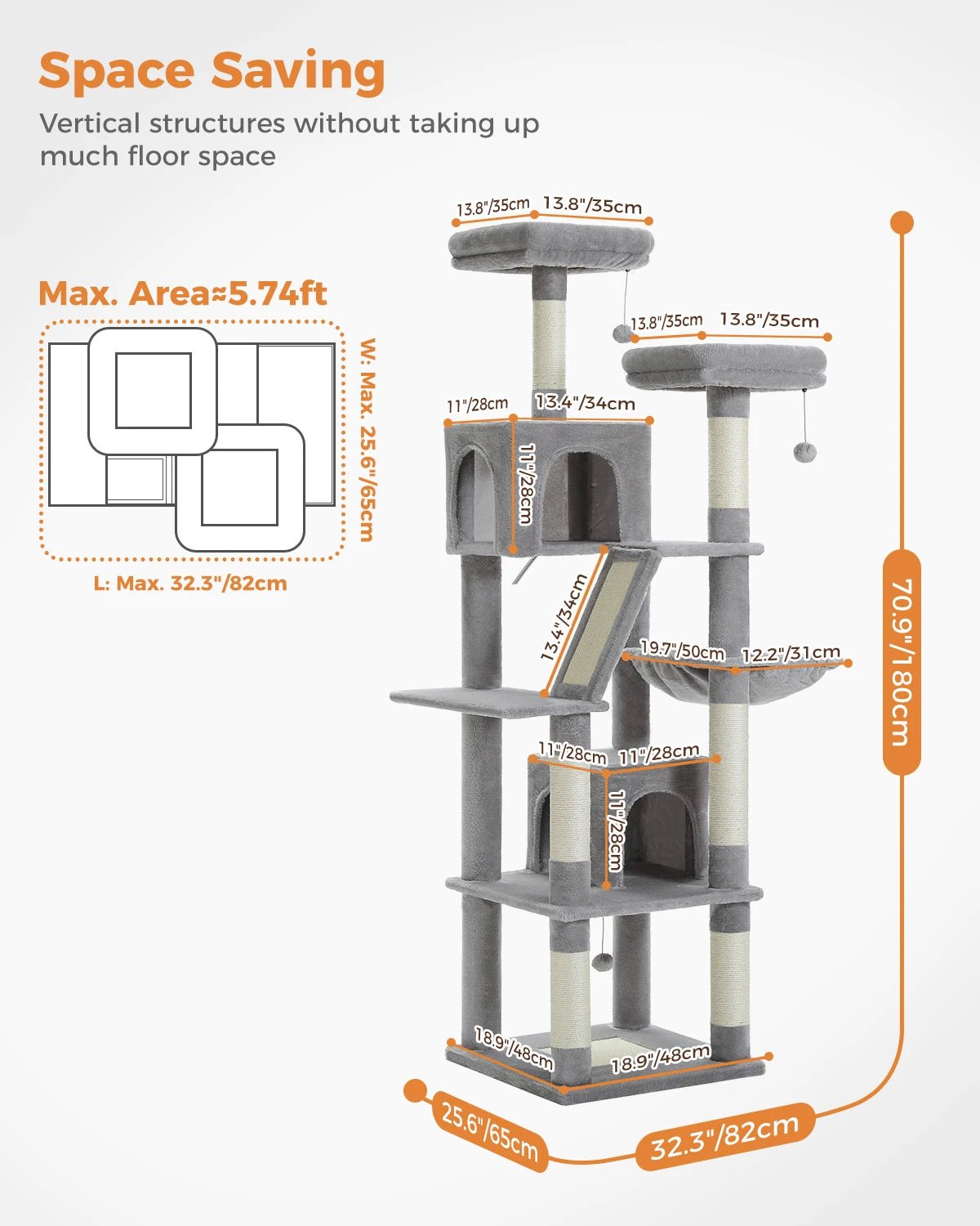 H180CM Large Cat Tree – Multi-Level Cat Tower for Active Cats