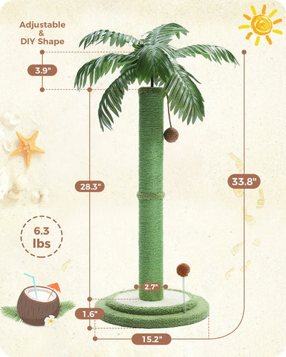 H85cm Tall Cat Scratching Post with Hanging Ball and Simulated Green Leaves