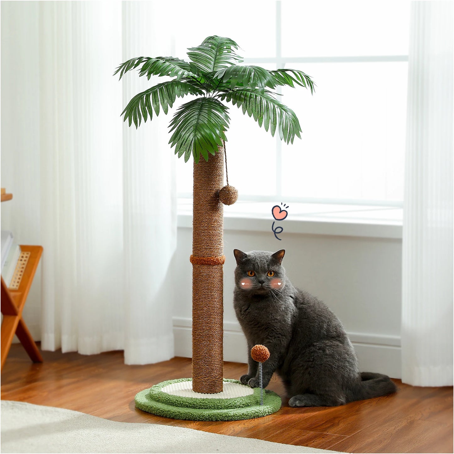 H85cm Tall Cat Scratching Post with Hanging Ball and Simulated Green Leaves