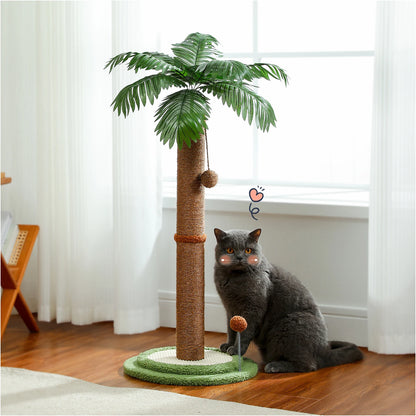 H85cm Tall Cat Scratching Post with Hanging Ball and Simulated Green Leaves