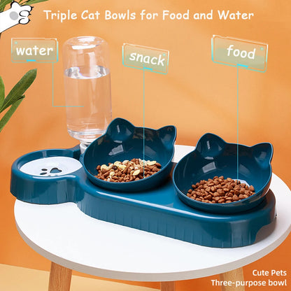 Triple Cat Bowls Pet Feeder - 2-in-1 Rotatable