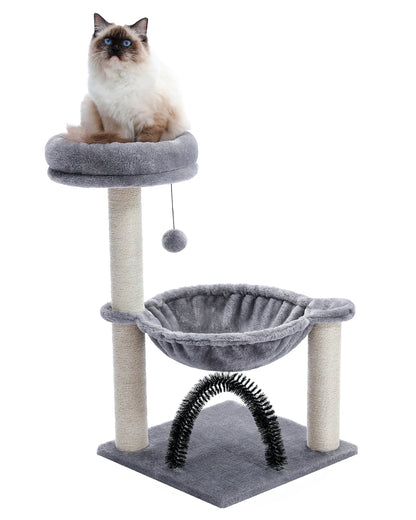 H90CM Small Cat Tree Tower with Hammock, Scratching Posts, and Plush Basket