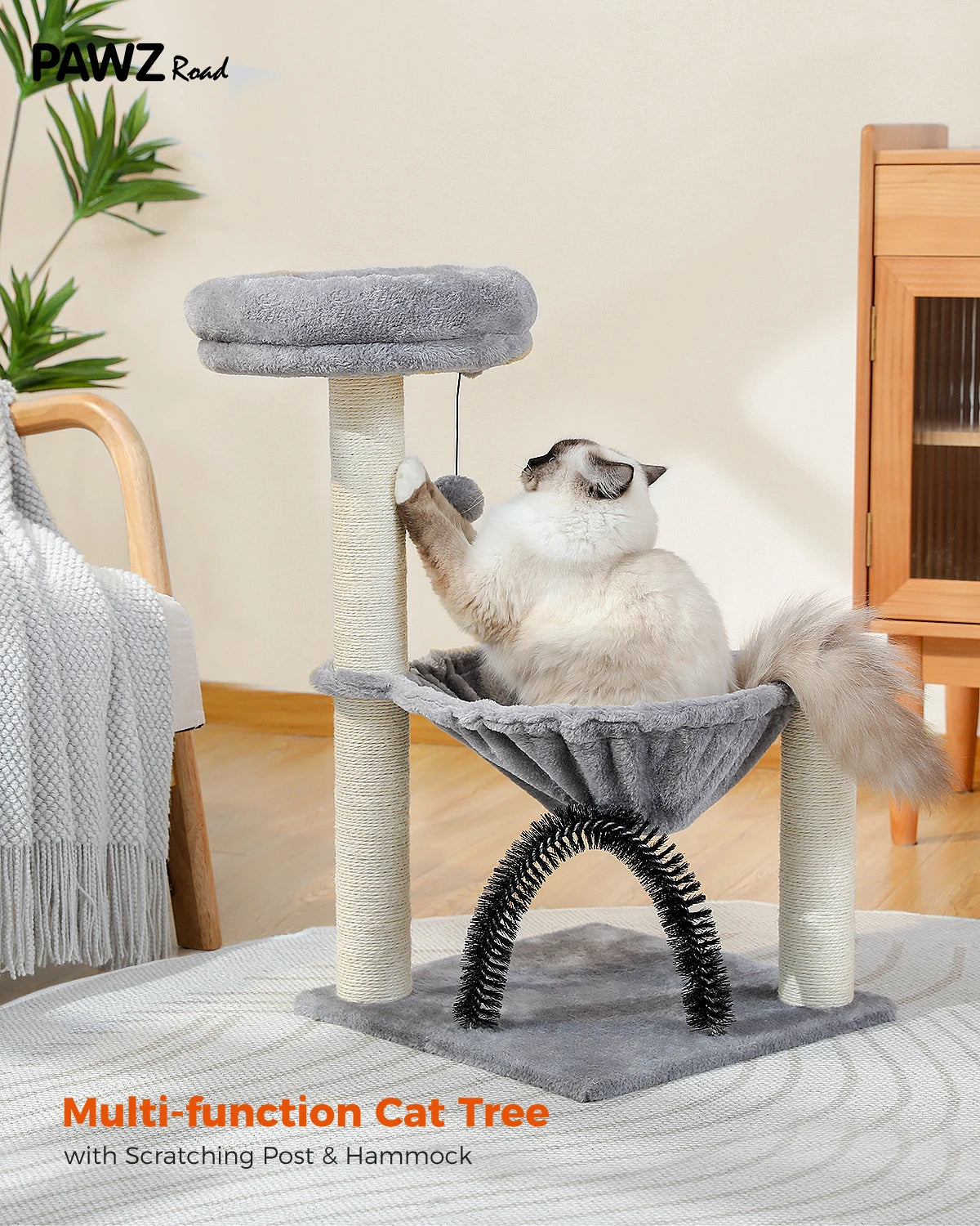 H90CM Small Cat Tree Tower with Hammock, Scratching Posts, and Plush Basket