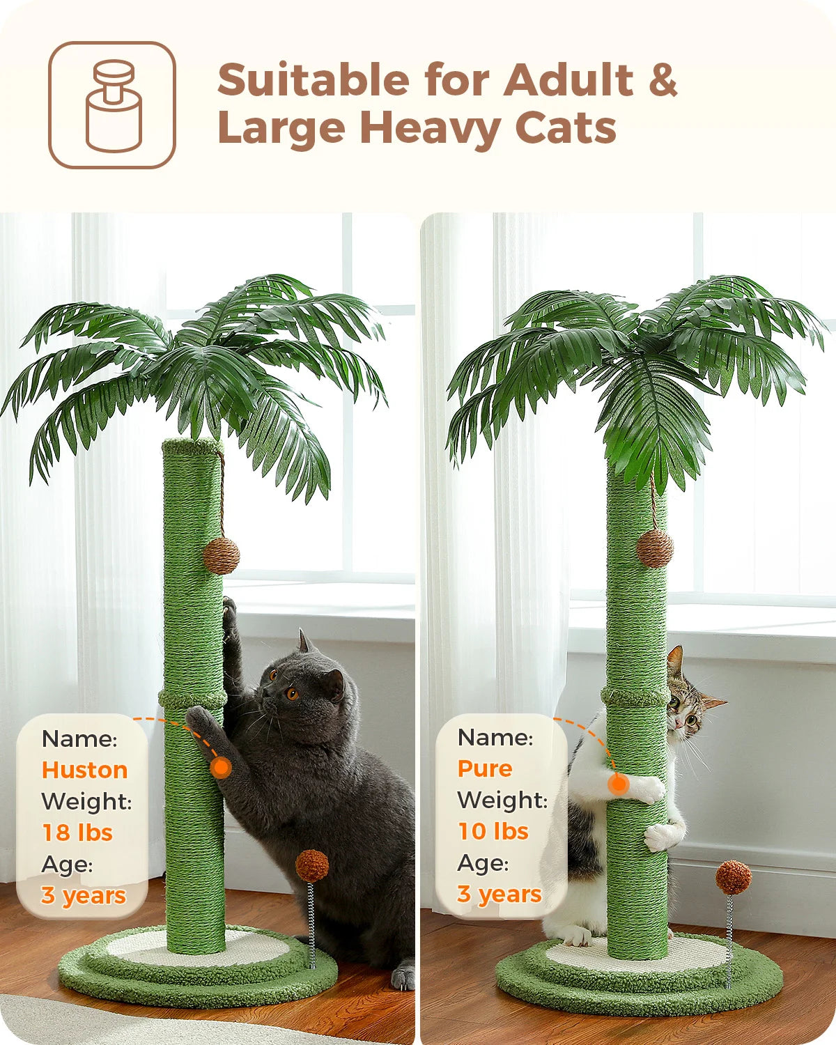 H85cm Tall Cat Scratching Post with Hanging Ball and Simulated Green Leaves